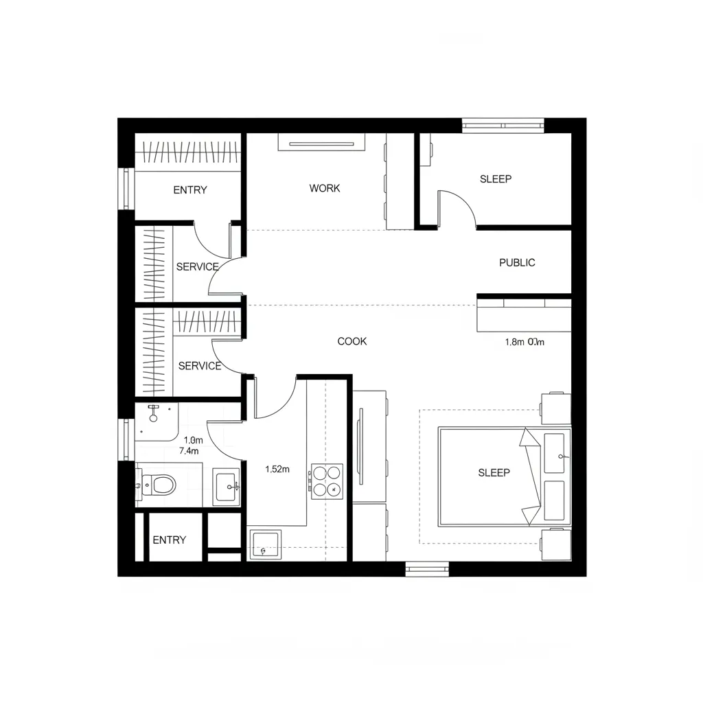 Top-down CAD plan of studio parsed into cook, work, and sleep zones