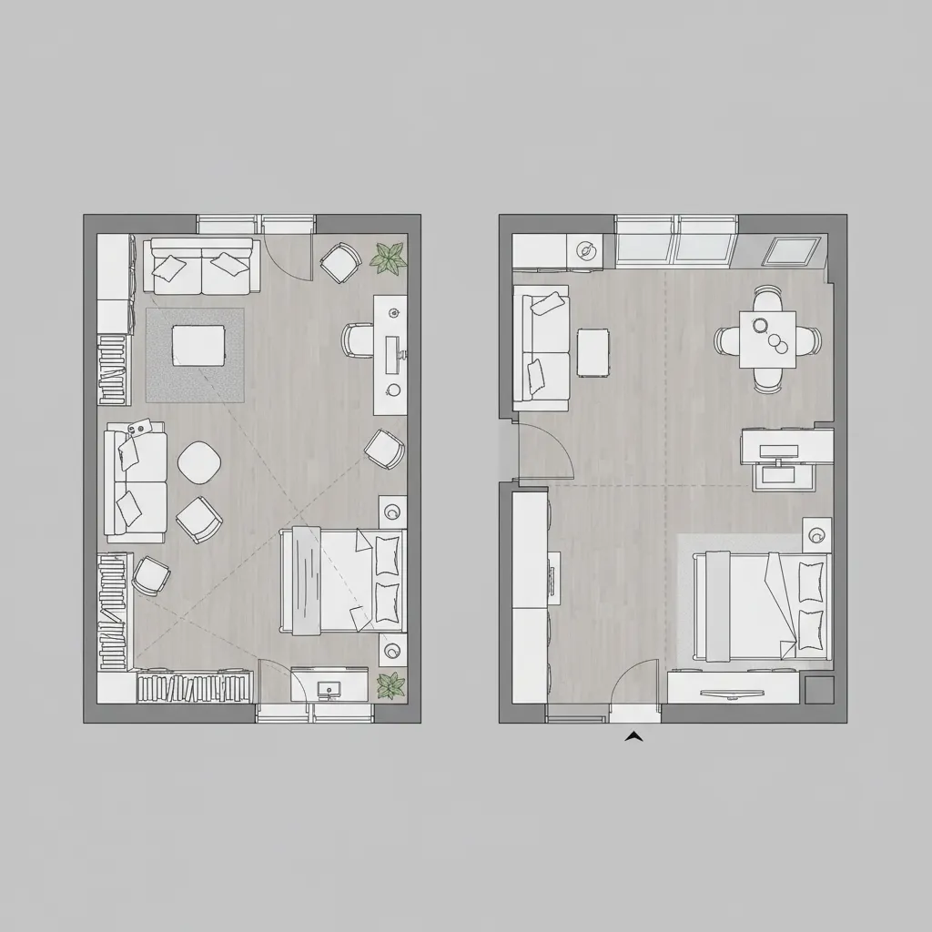 Comparison of inefficient and optimized studio apartment floor plan layouts
