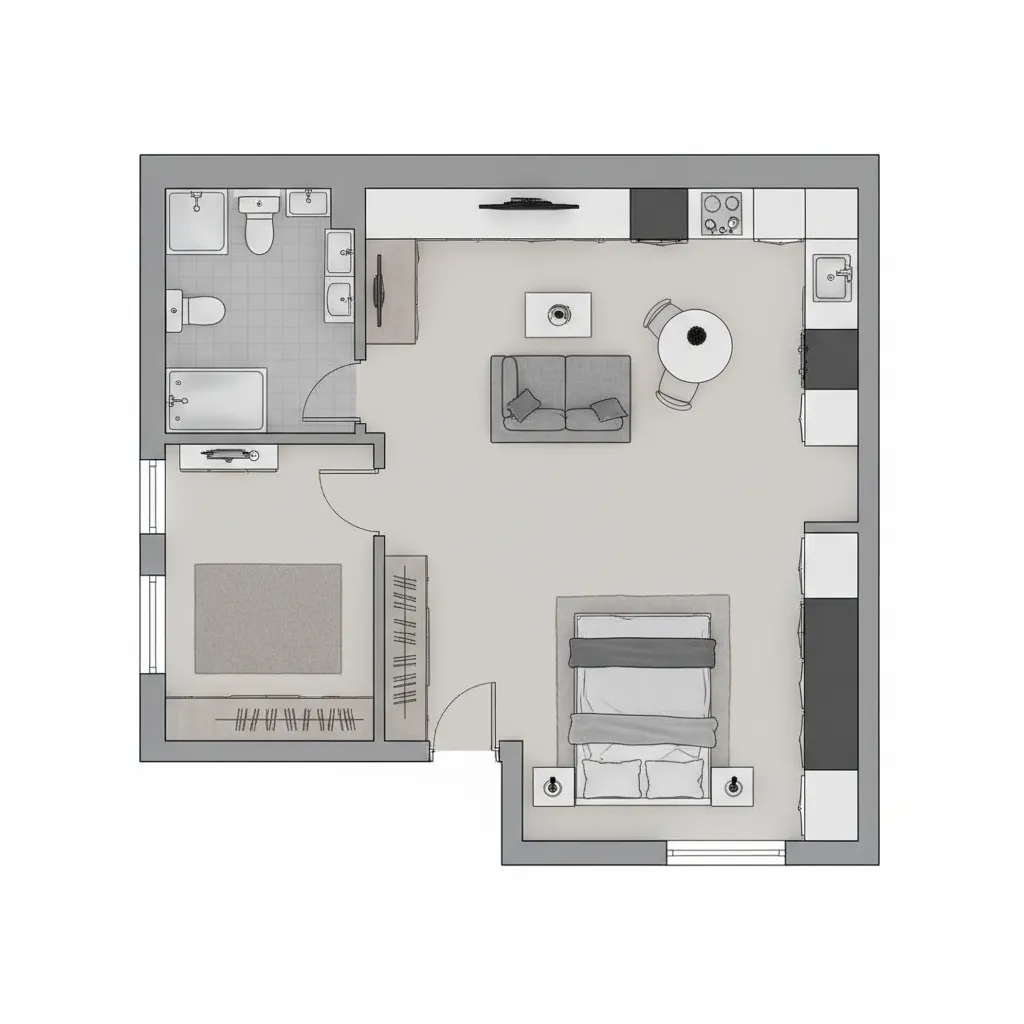 Typical studio apartment blueprint showing open layout with bed sofa and kitchen zone