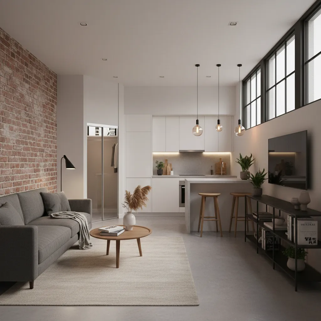 Studio apartment layout using brick wall to define living area