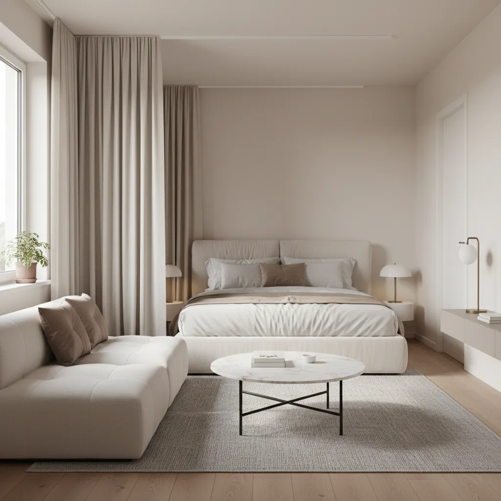 Ceiling curtain divider separating bed from living space in studio apartment