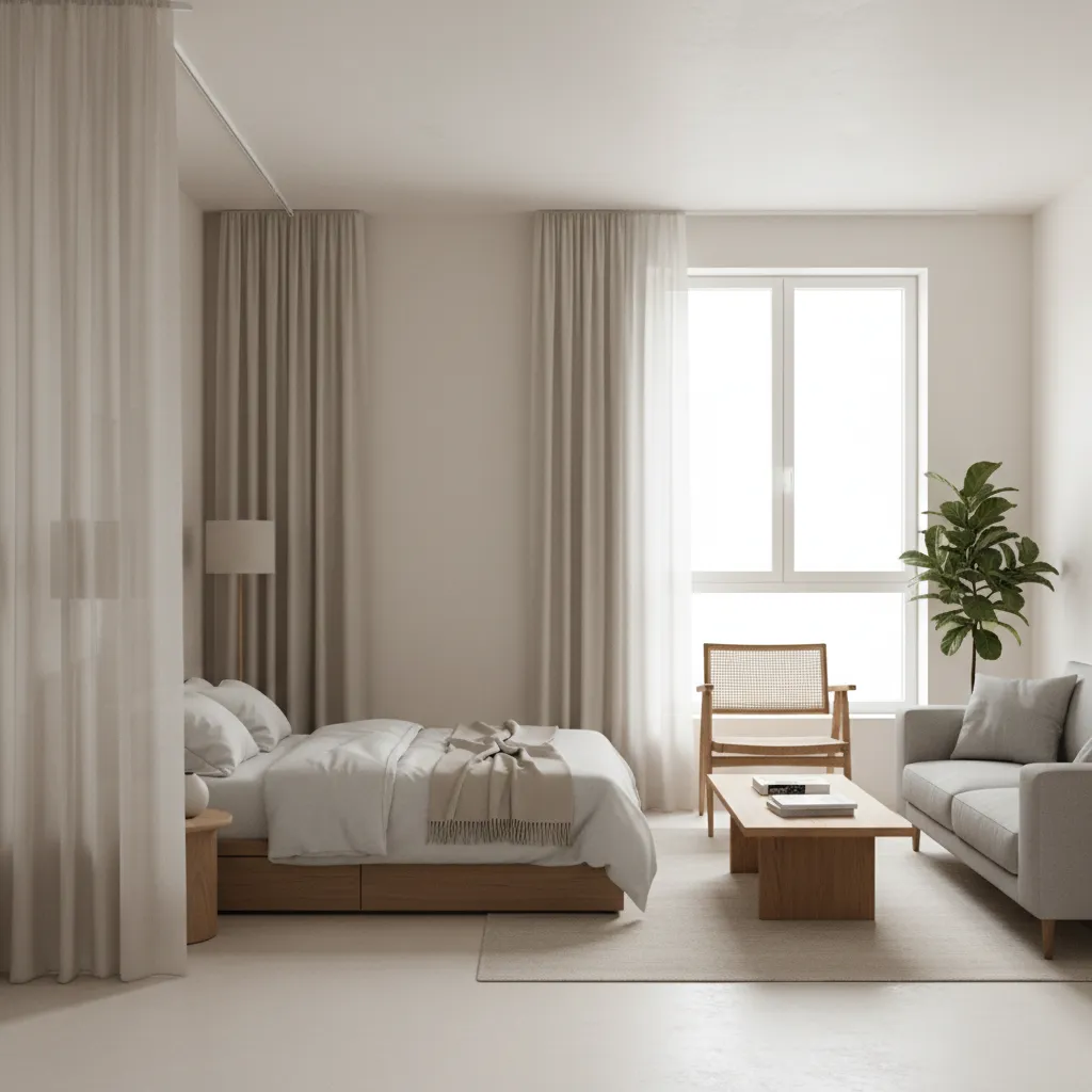 studio apartment bedroom separated by ceiling mounted curtain divider
