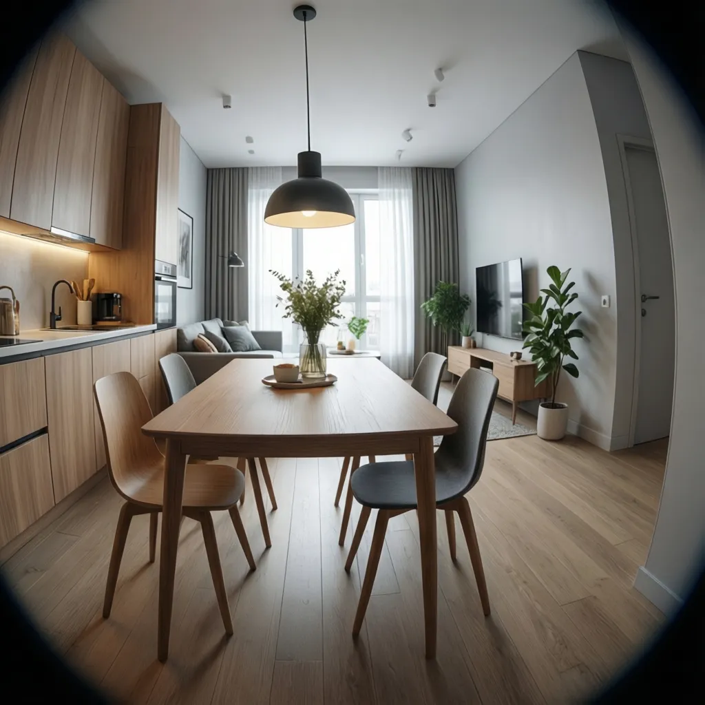 Studio apartment layout using a narrow rectangular table to separate kitchen and living area