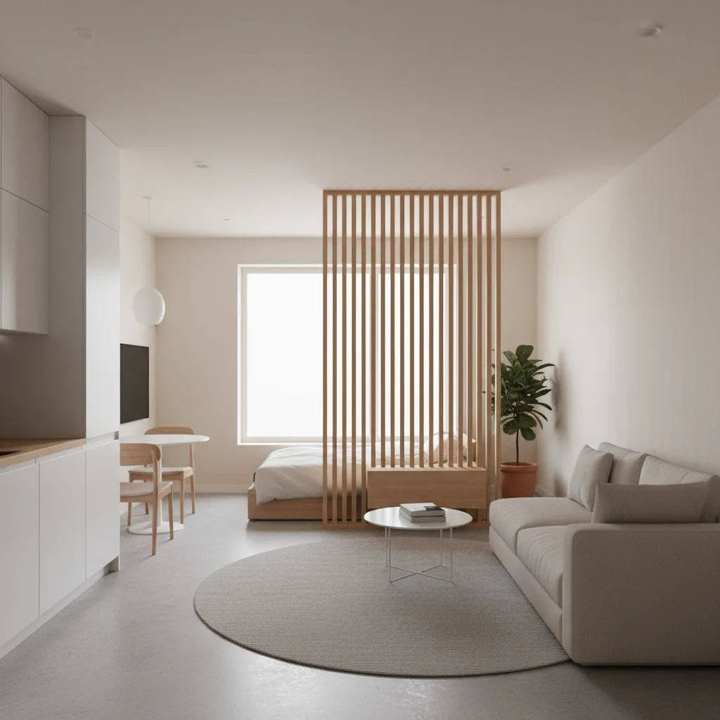 Studio apartment layout showing visual room divider separating sleeping and living zones