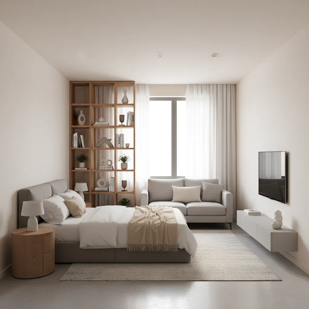 studio apartment with shelving unit used as room divider between bed and living area