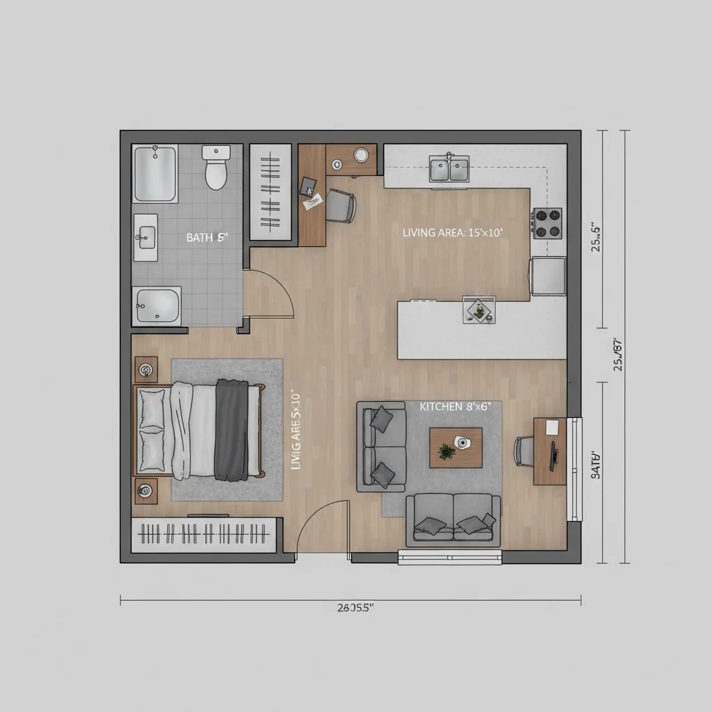 Efficient studio apartment 2D floor plan with optimized furniture placement