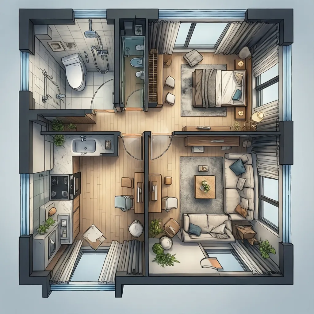 Studio apartment layout showing bathroom corner and kitchenette wall