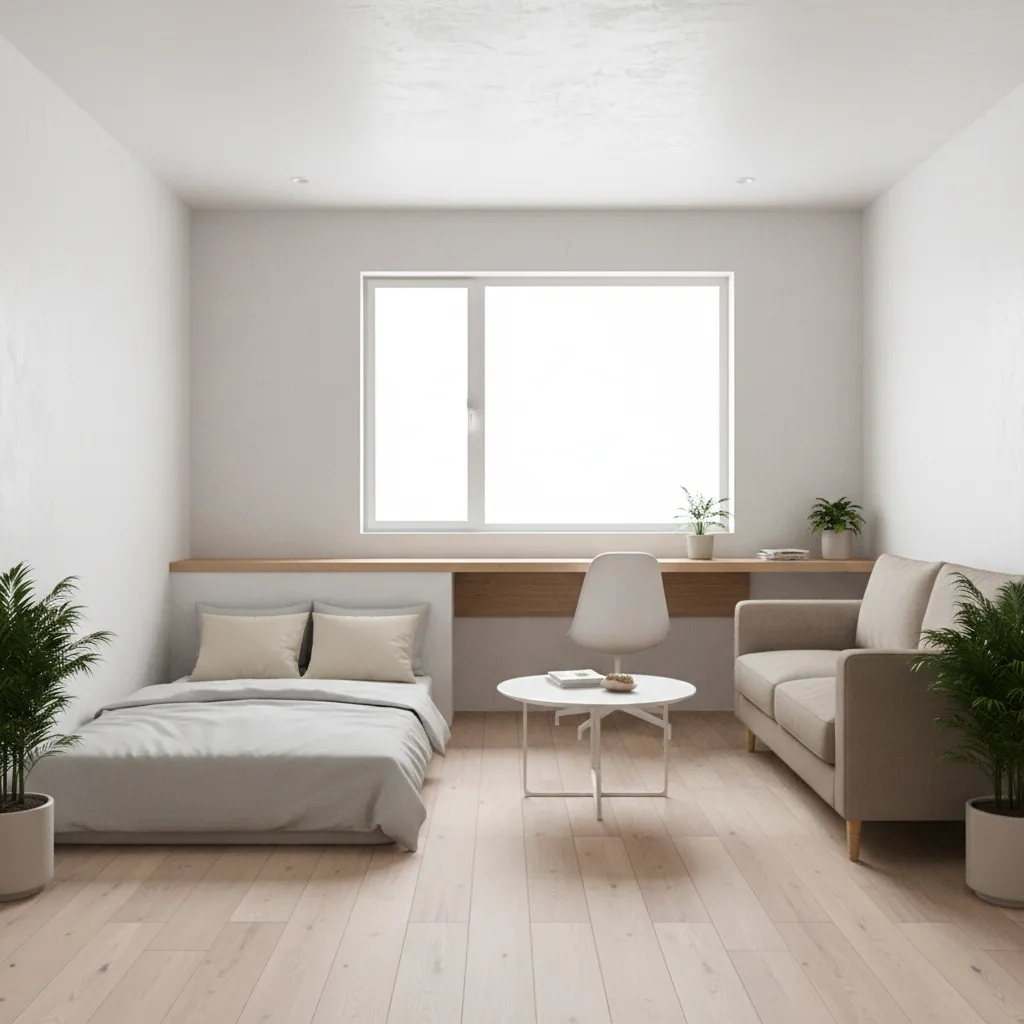 small studio apartment layout with floor mattress sleeping area