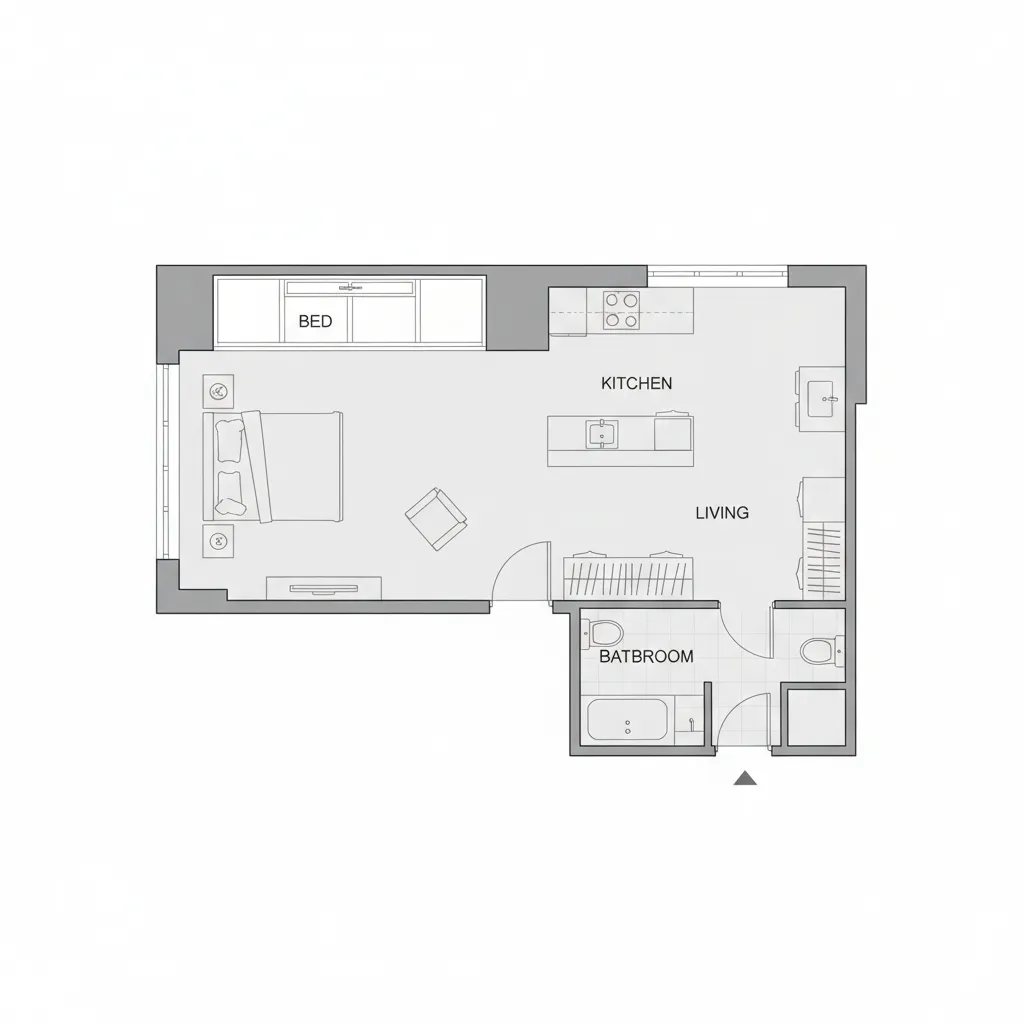 Simple floor plan layout of a studio apartment showing bed kitchen and living zones