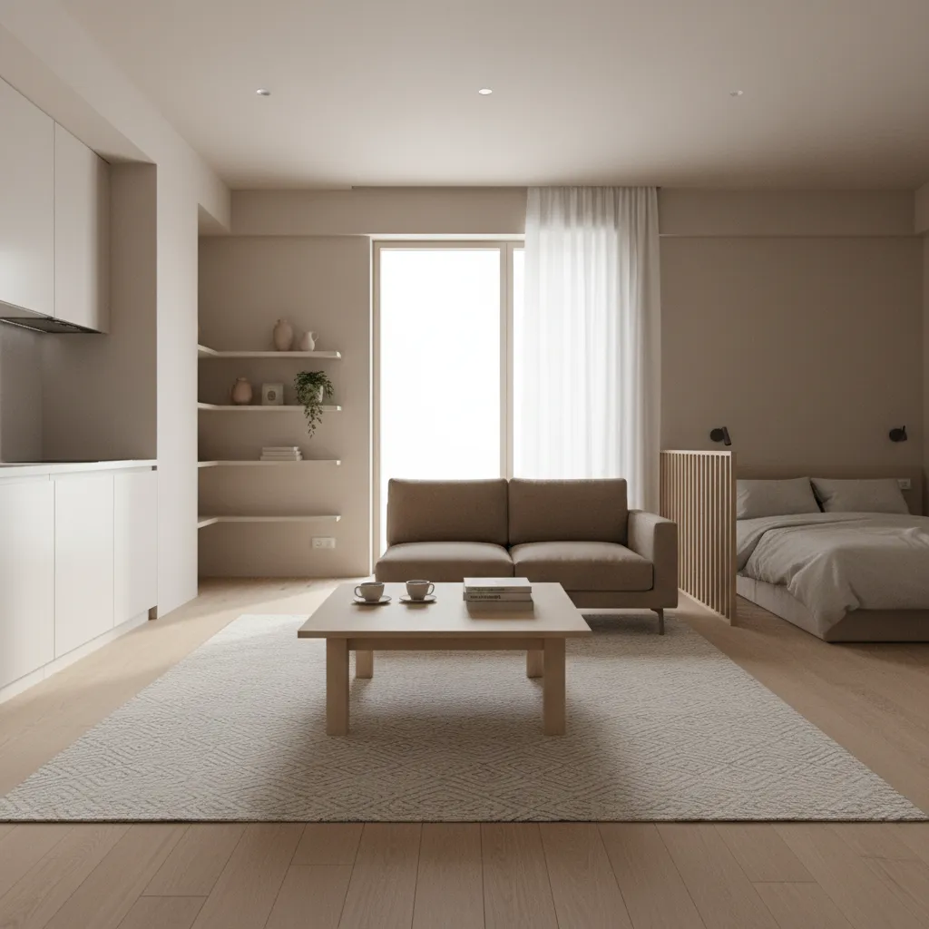 Studio apartment layout with low floor table positioned near sofa and rug
