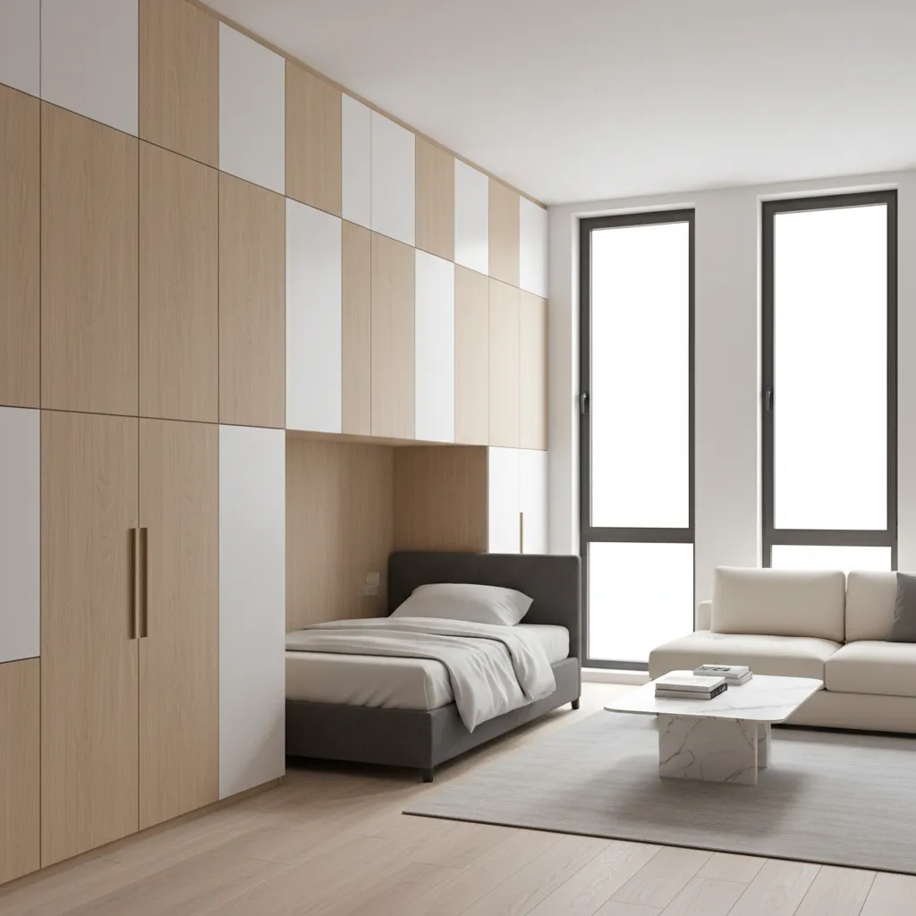 Studio apartment with full-height wardrobe wall