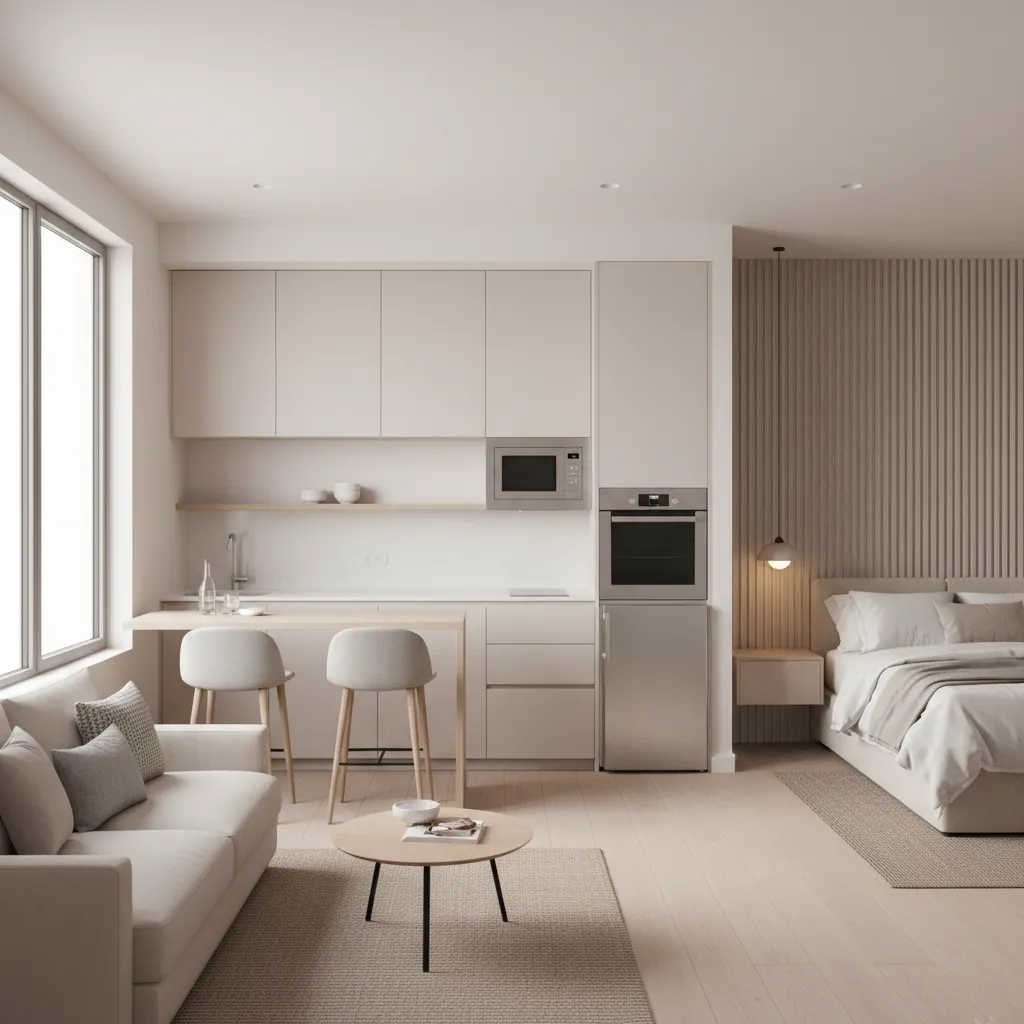 Compact studio apartment kitchen integrated into small living space