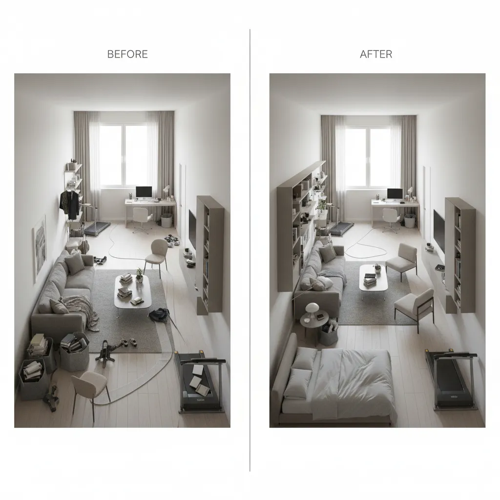before and after studio apartment layout improvement with better furniture placement