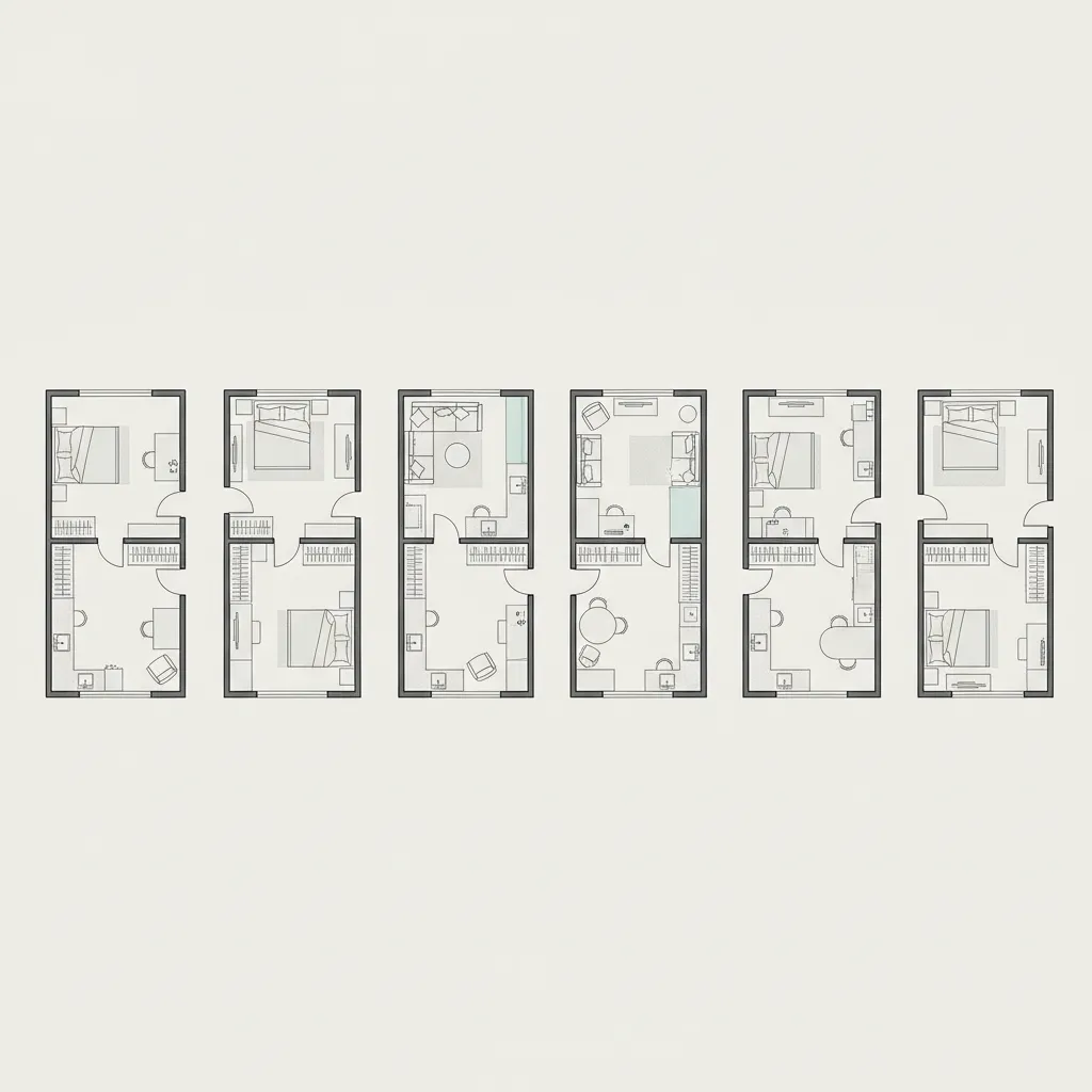 multiple layout variations for a studio apartment floor plan