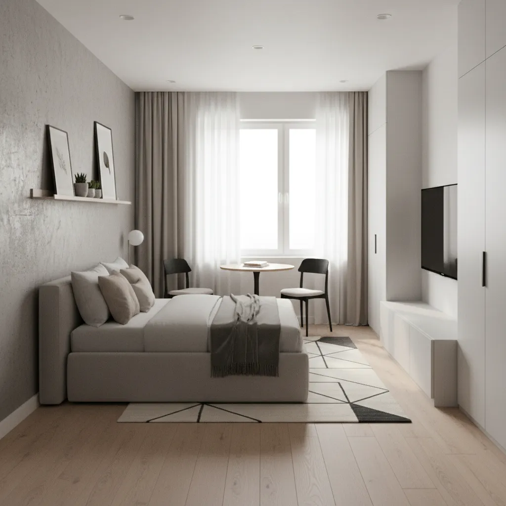 3D visualization of a studio apartment layout