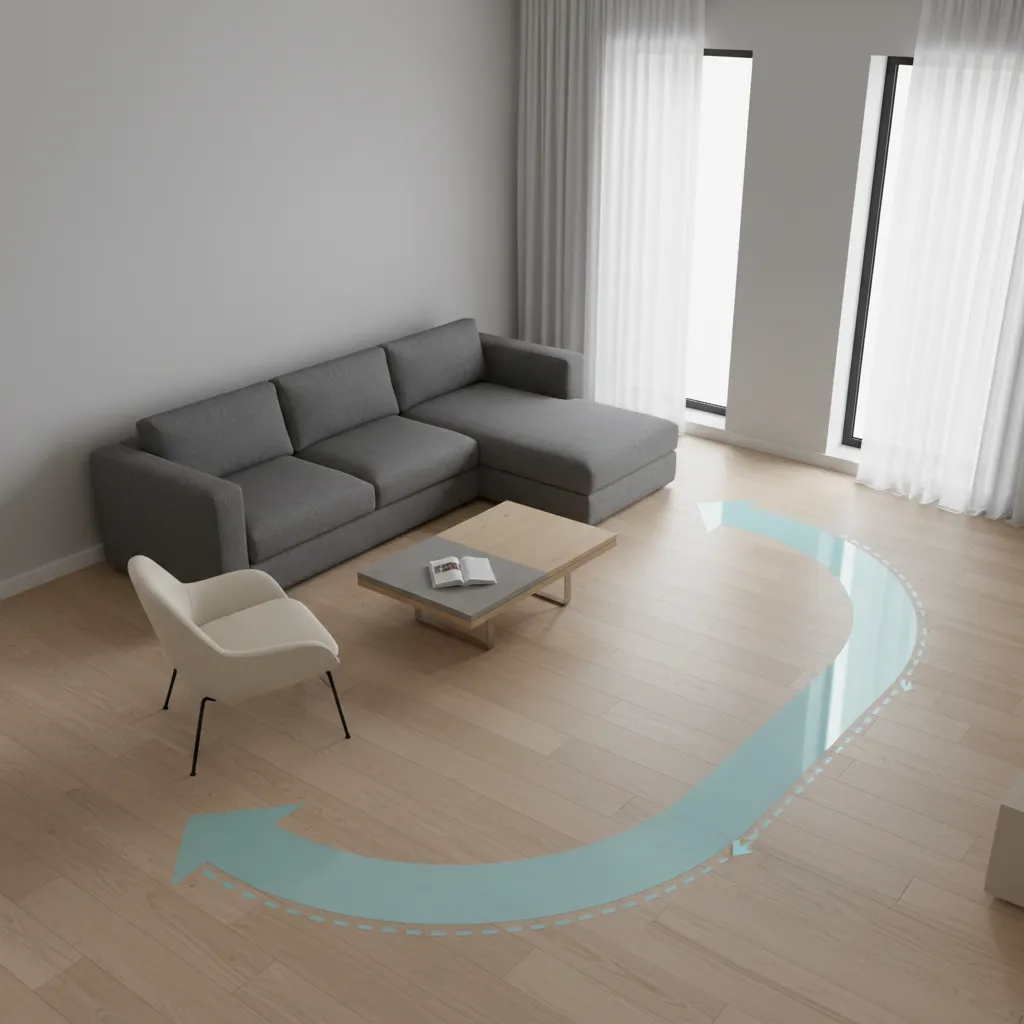 Studio apartment living room furniture layout showing walking path and sofa placement
