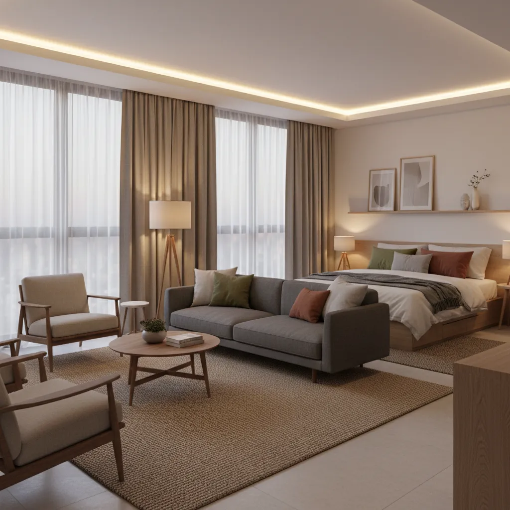 Studio apartment layout showing living room zone with sofa and rug