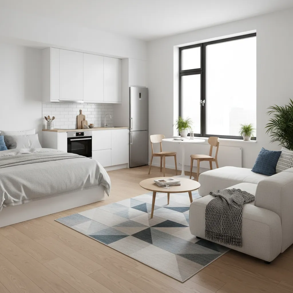 open studio apartment layout with bed sofa and kitchen in one space