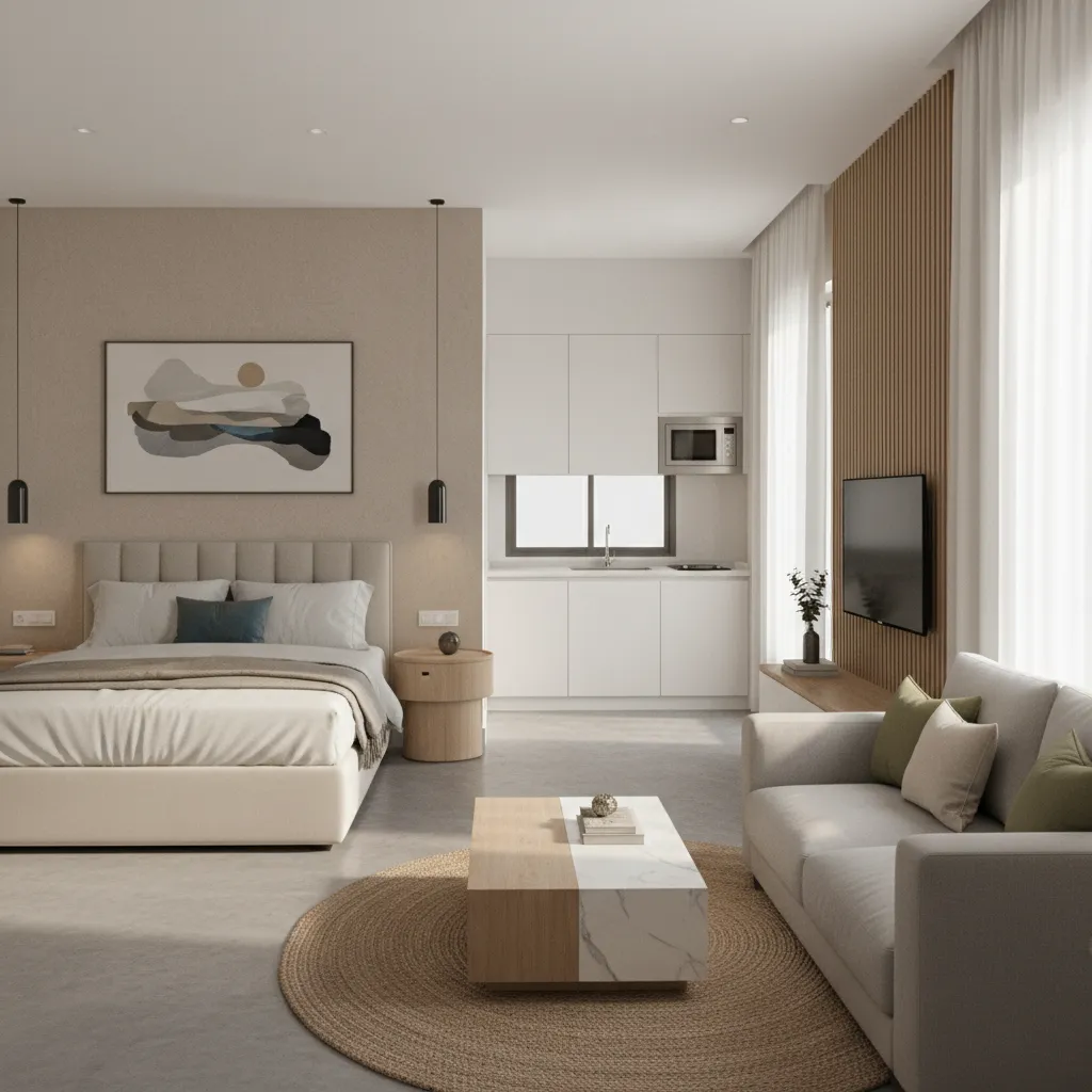 Small studio apartment layout showing partition separating bedroom zone