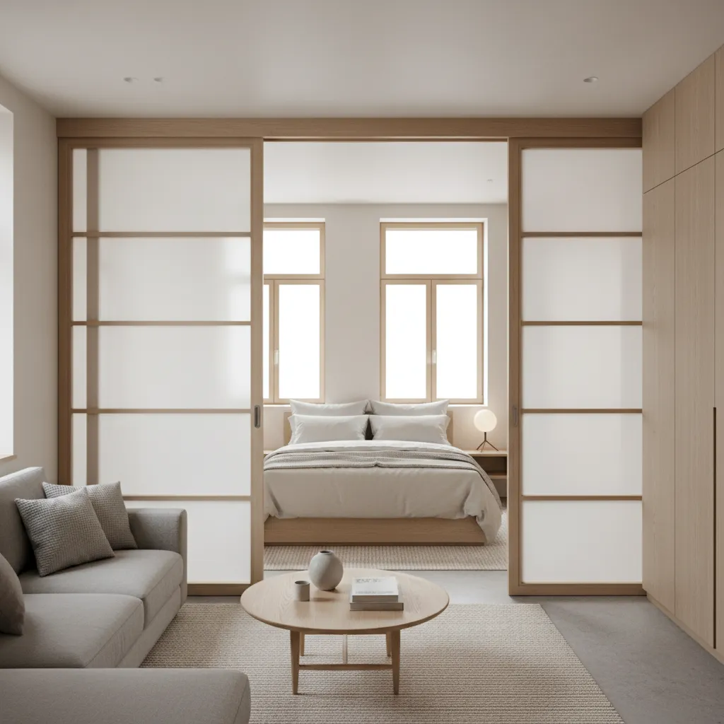 Studio apartment bedroom area separated with pocket door partition