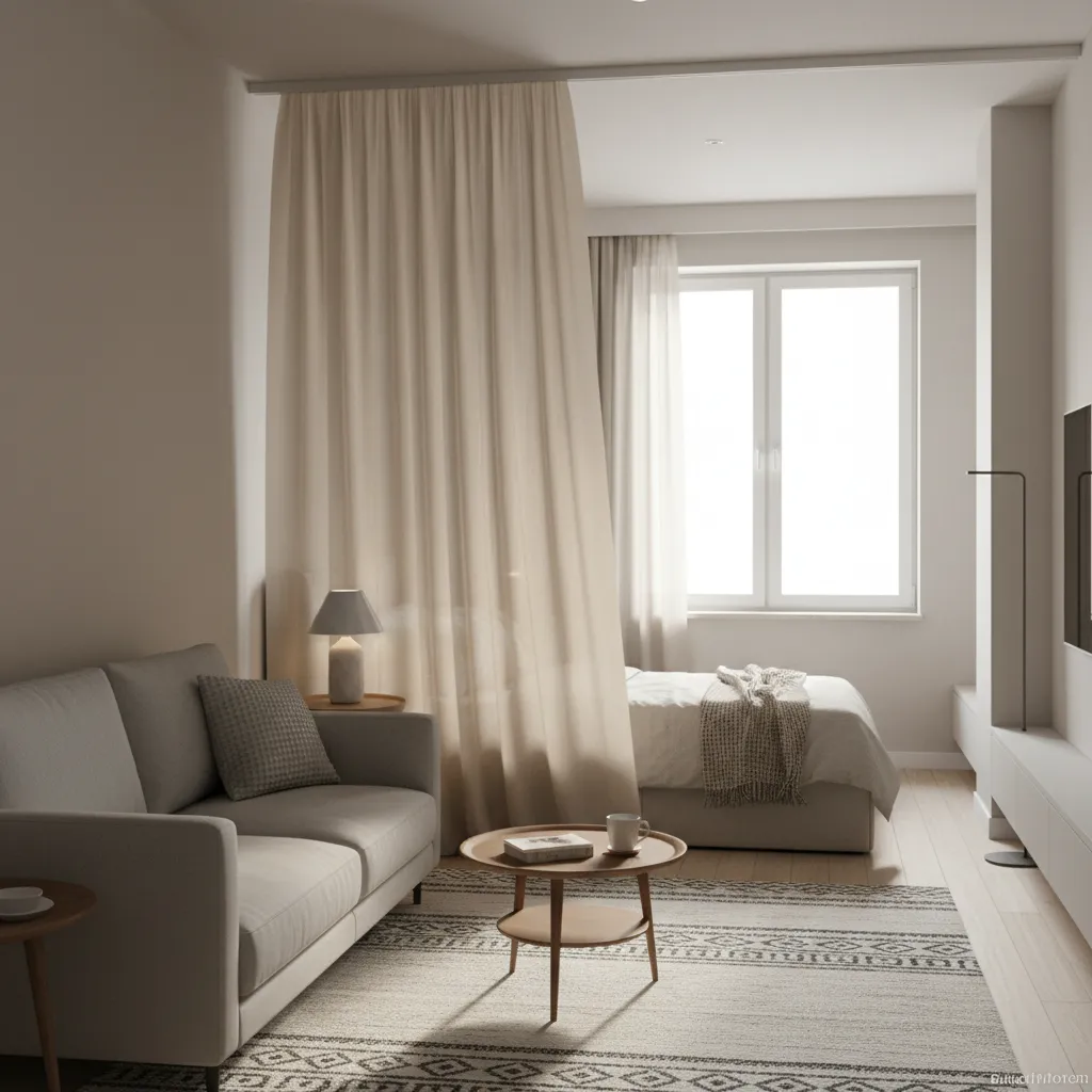 studio apartment layout with curtain divider separating sleeping and living area