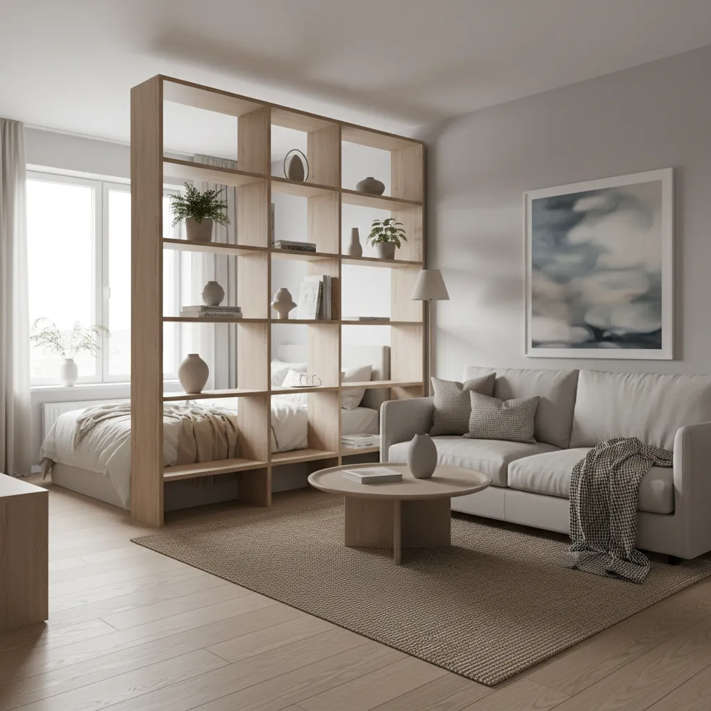 Studio apartment layout using shelving divider to separate bed and living area