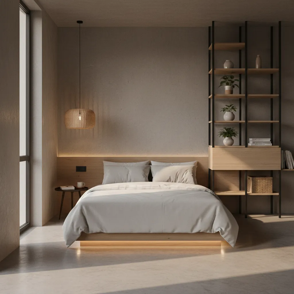 Studio apartment sleeping area separated by open shelving divider
