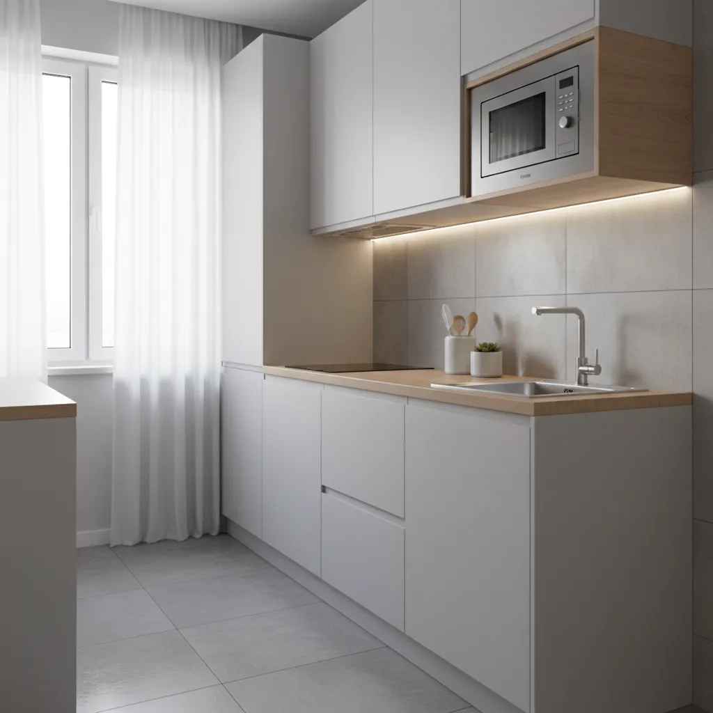 Small studio apartment kitchen with microwave placed on open shelf above counter