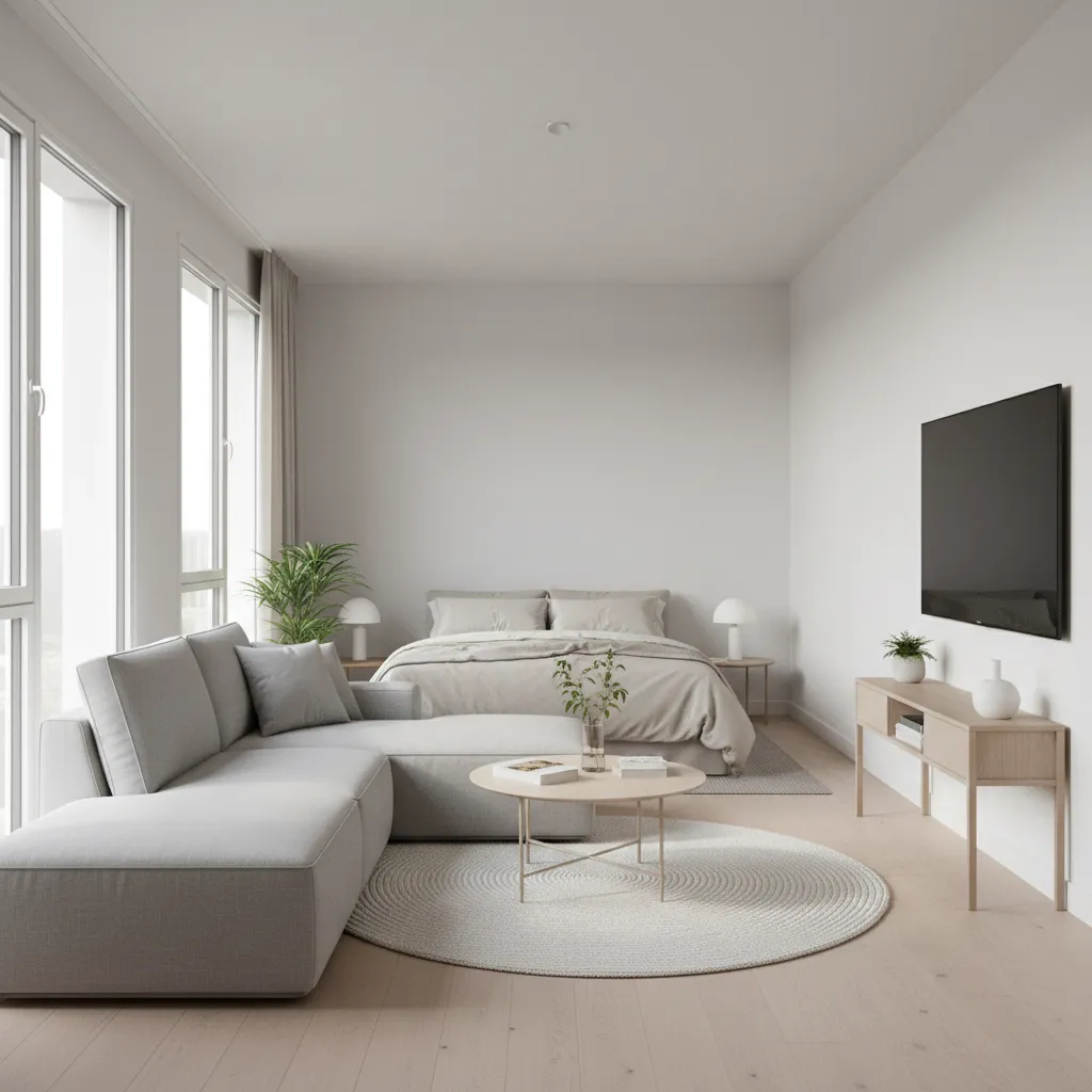 Studio apartment layout with sofa divider and wall mounted TV