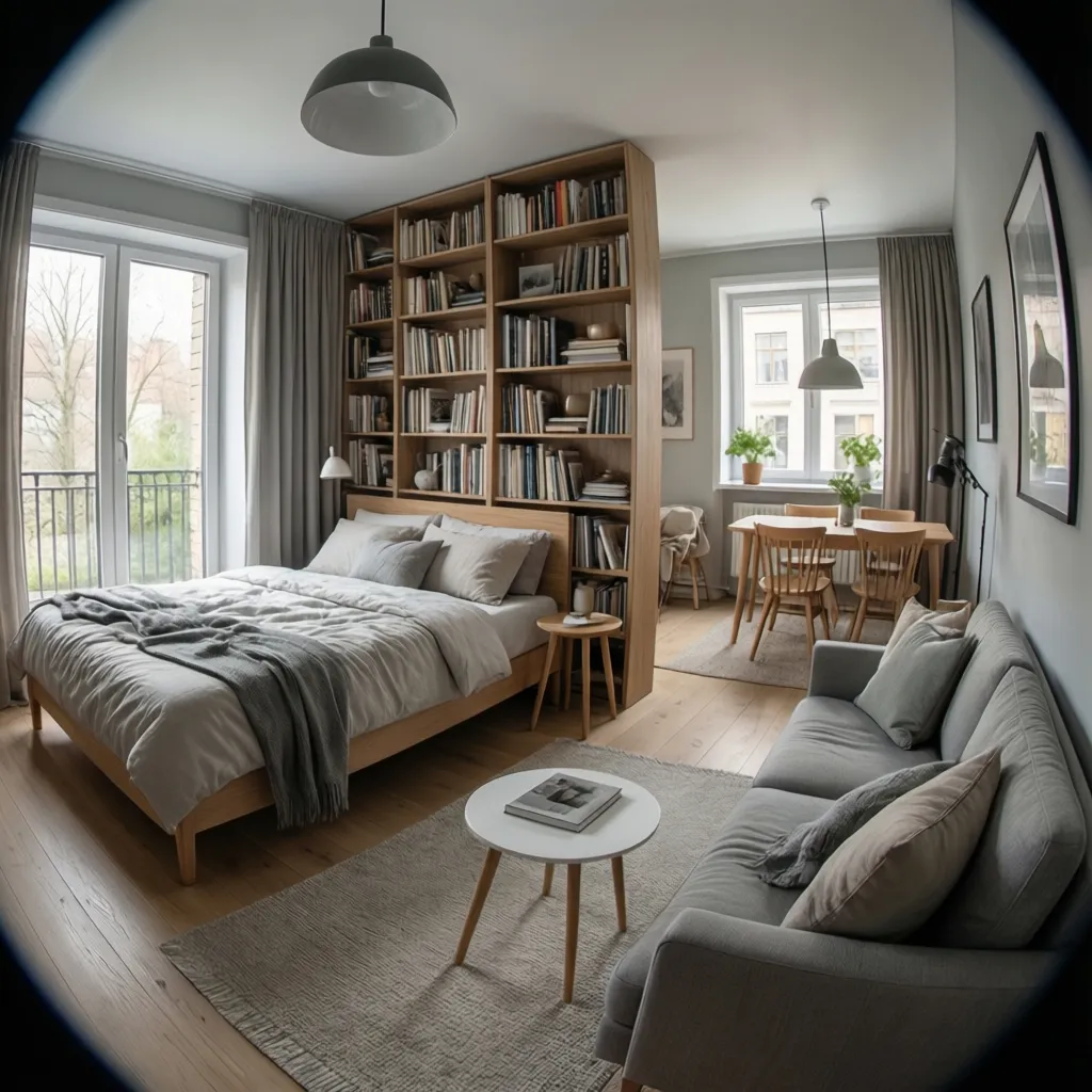 Studio apartment furniture layout optimized for small living space
