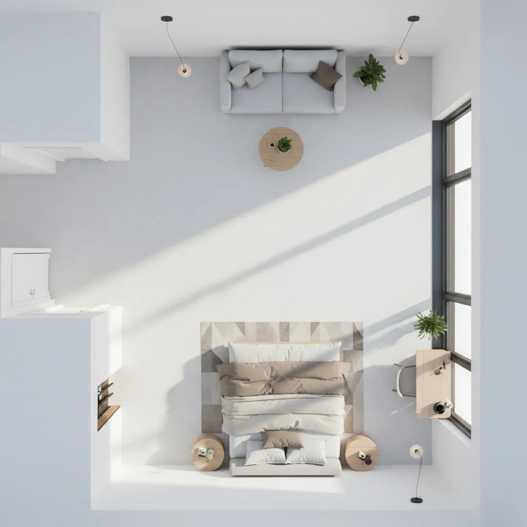 Interior design drawing of a studio apartment layout with bed sofa desk and two windows