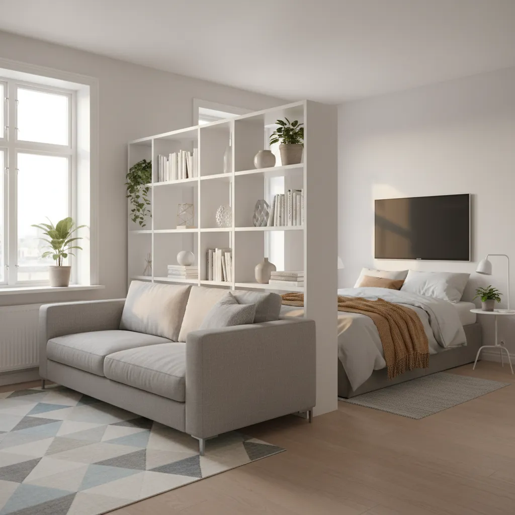studio apartment divided into zones using sofa and rug layout