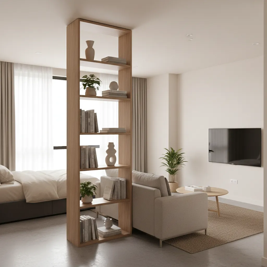 Modern studio apartment using a tall wooden shelf to separate the bed and living room
