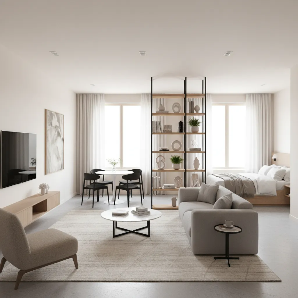 Studio apartment with rug and shelving defining separate living zones