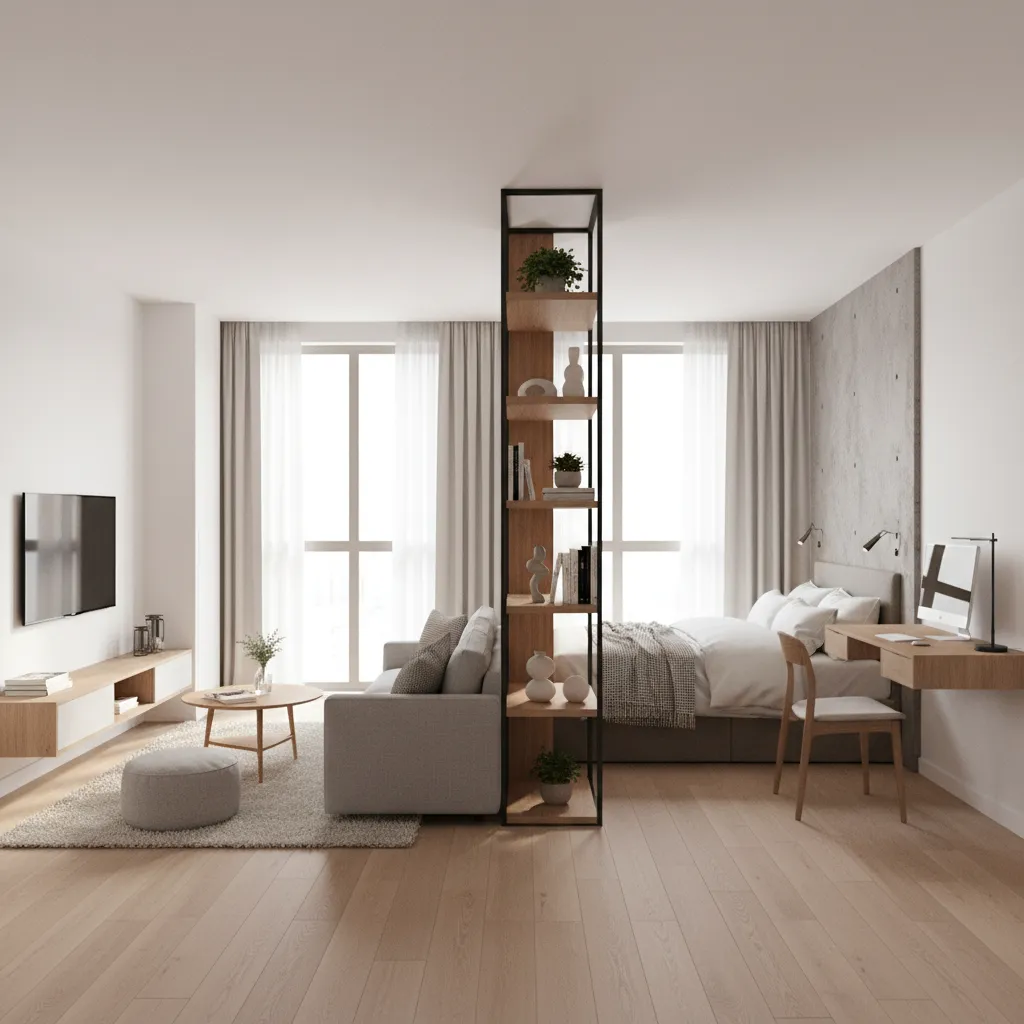 studio apartment divided into living sleeping and workspace zones
