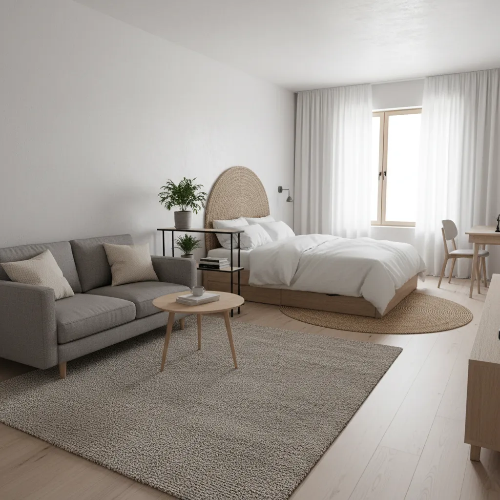 studio apartment with rug and furniture creating living and sleeping zones