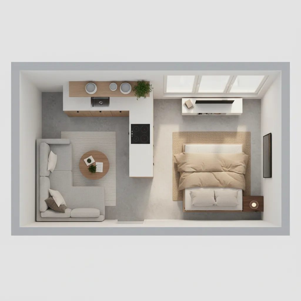 studio apartment layout showing living sleeping and kitchen zones