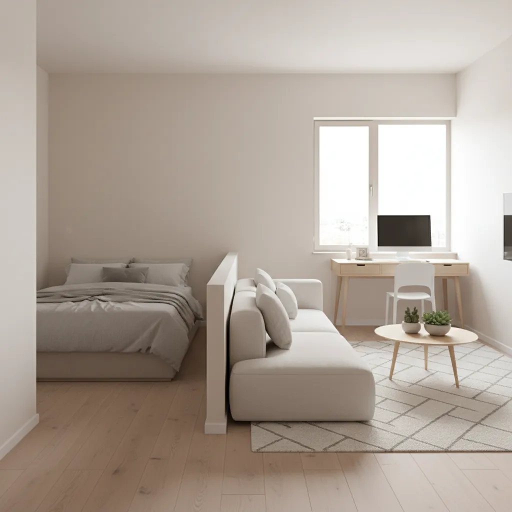 Studio apartment layout showing zones for sleeping living and working