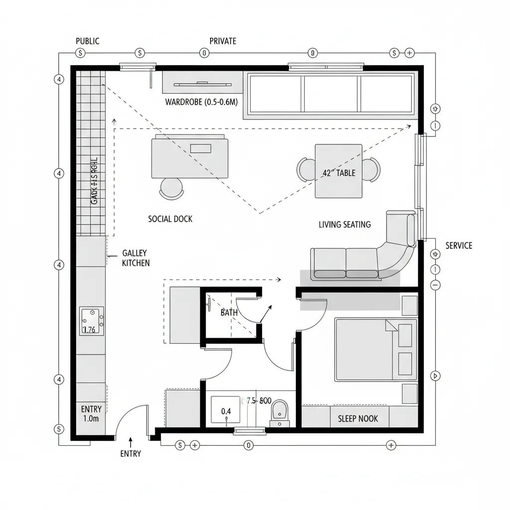 Studio apartment floor plan featuring a kitchen and a corner sofa plus a small bedroom nook