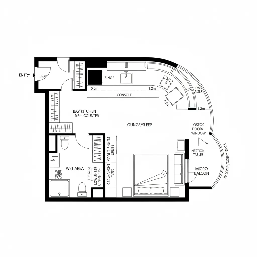 Top-down CAD plan of a studio with bay kitchen anchor and micro balcony
