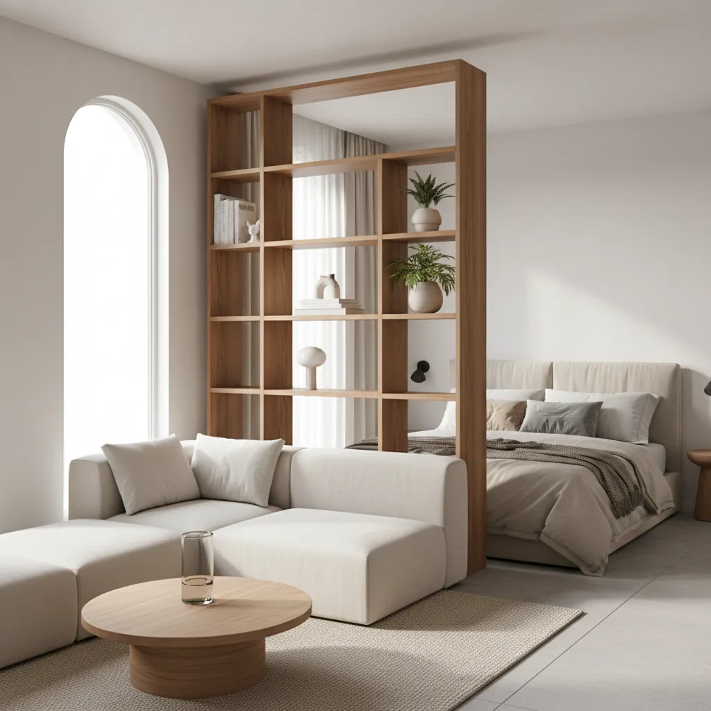 open shelving divider separating bed in studio apartment