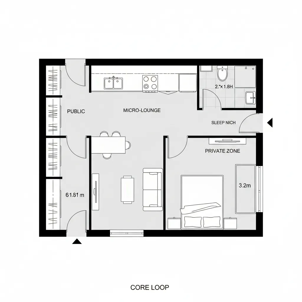 Top view floor plan showing small studio apartment with kitchen lounge bedroom and a private zone