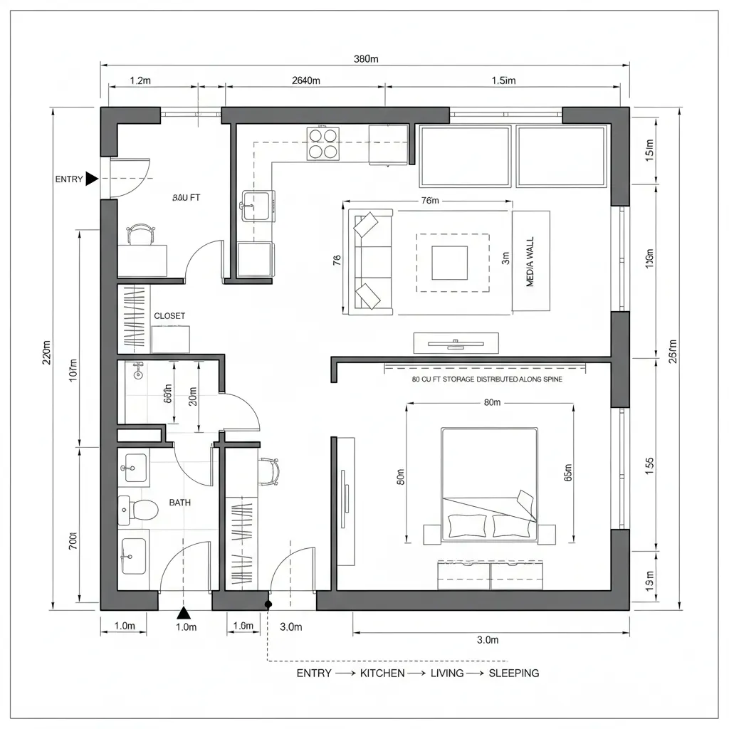 Top-down CAD plan of a linear studio with galley kitchen, living bay, and sliding-partitioned sleeping alcove