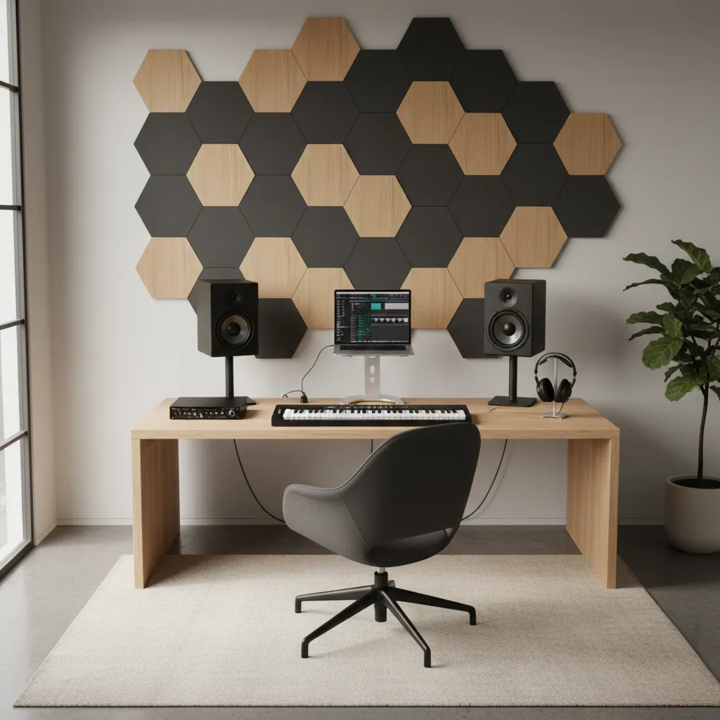 studio desk with nearfield speakers positioned correctly for home office studio layout