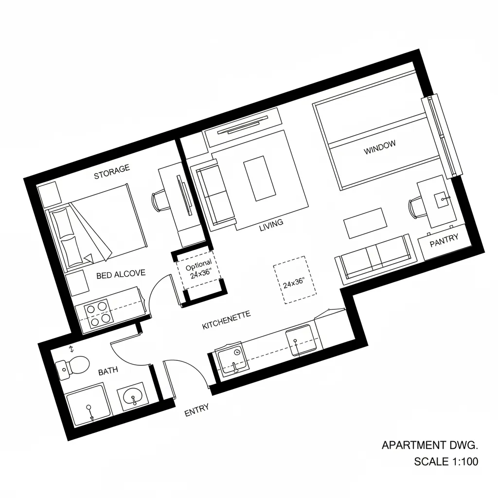 Diagonal interior design drawing of a studio apartment with bed alcove living space and small kitchenette