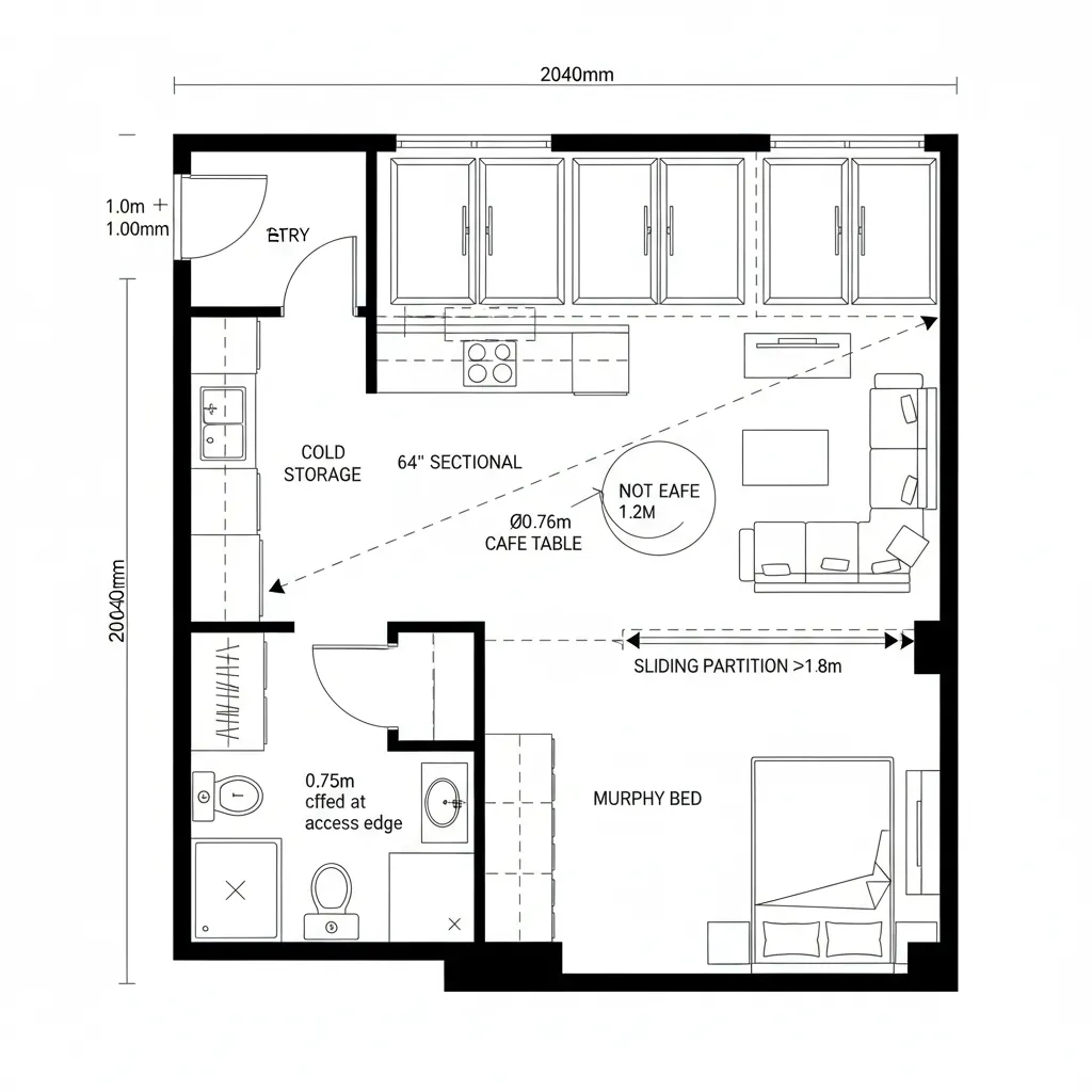 Top-down CAD plan of a studio with diagonal datum and sliding partition
