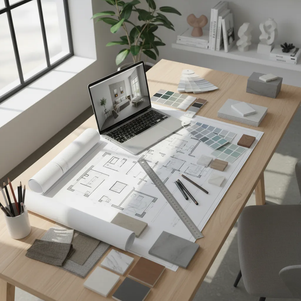 mesa de trabajo con planos arquitectónicos y muestras de materiales