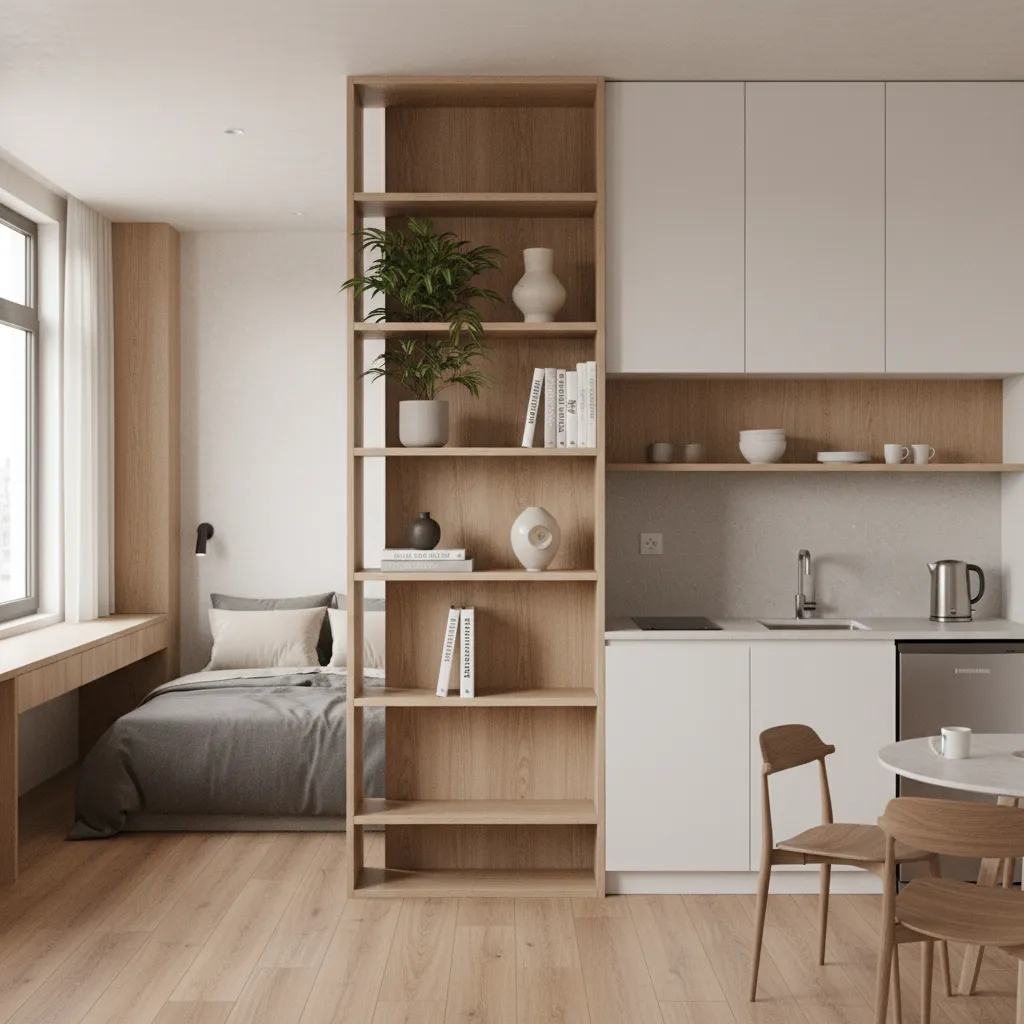 studio apartment using shelving divider between kitchen and bed