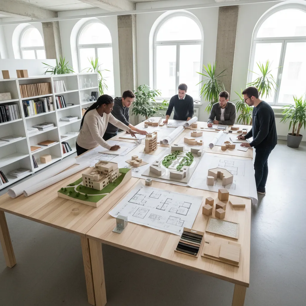 Estudiantes analizando maquetas y planos en un estudio de diseño