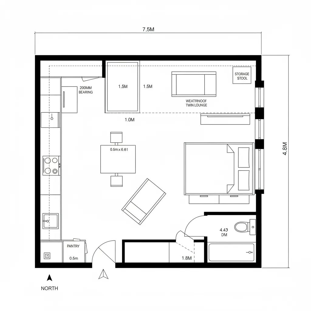 Small studio apartment floor plan layout showing kitchen area bed dining table bathroom and storage